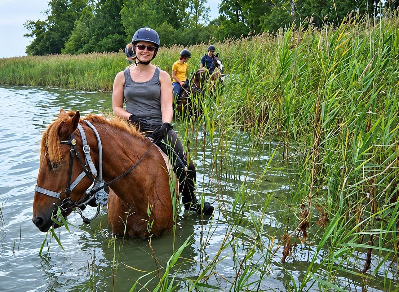 Cavalière à cheval dans l’eau au bord d’une rive de roseaux, étang de Sologne