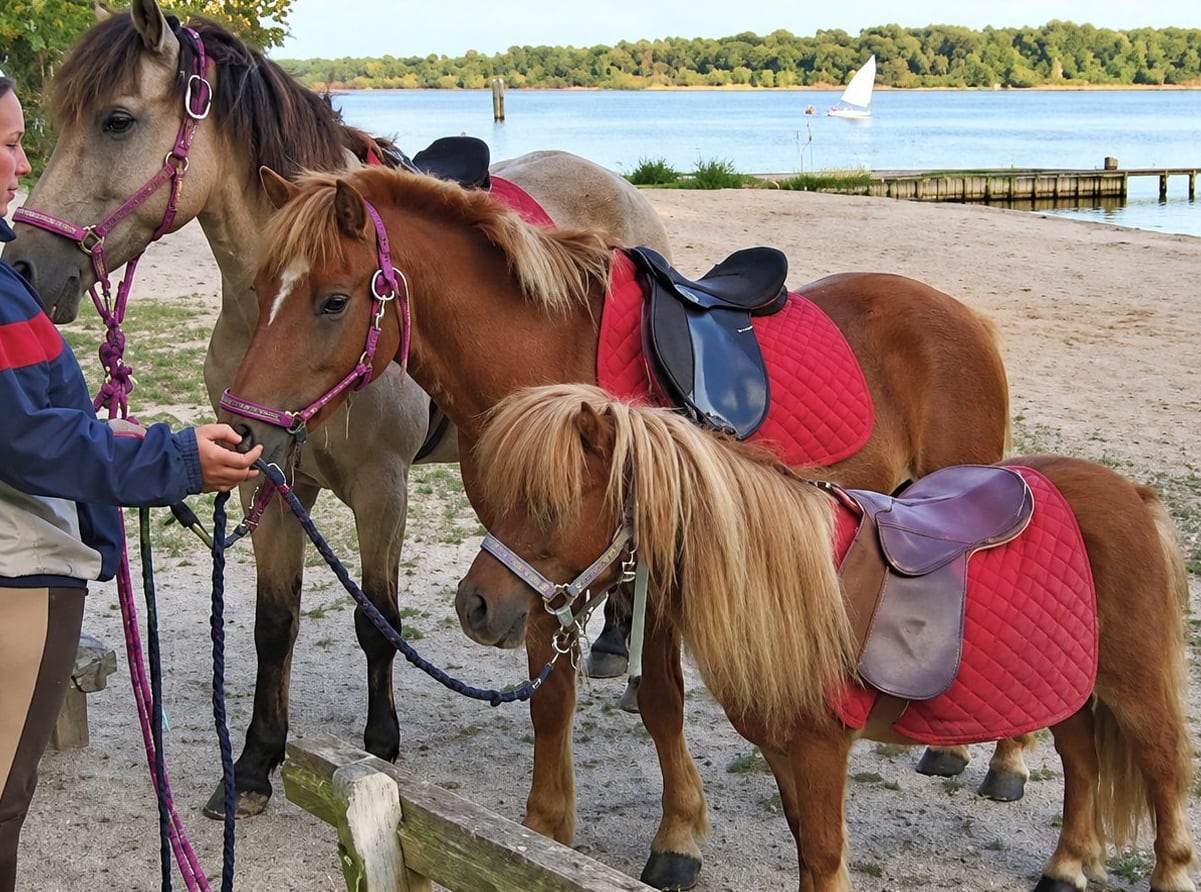 Poneys sellés au bord de l’eau, tenus par une cavalière