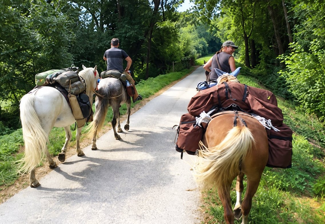 Randonnée à cheval avec sacoches sur un chemin bordé d’arbres